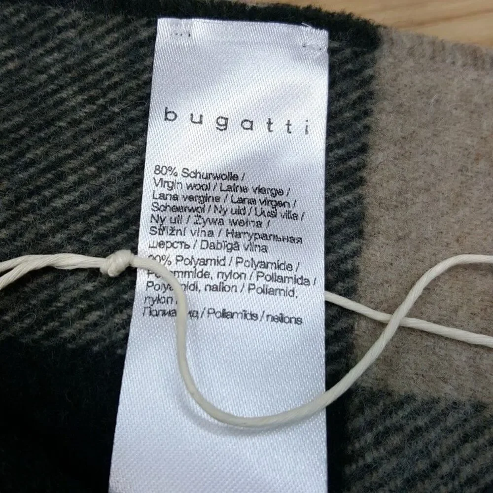 BUGATTI Scarf Mens Tan Green Buffalo Check Plaid 80% Virgin Wool Fringe 66x16